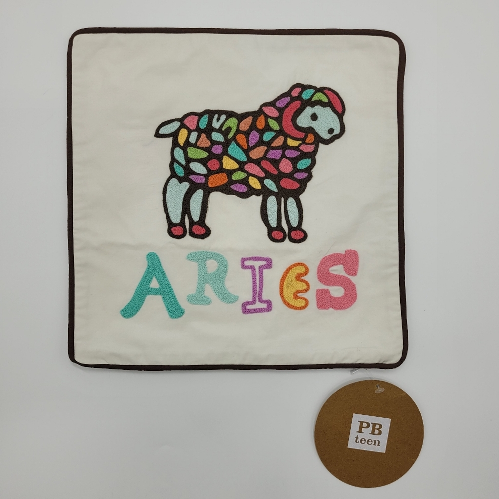 Pottery Barn PB Teen Aries Embroidered Pillow Cover 12x12 Astrology Ram NEW